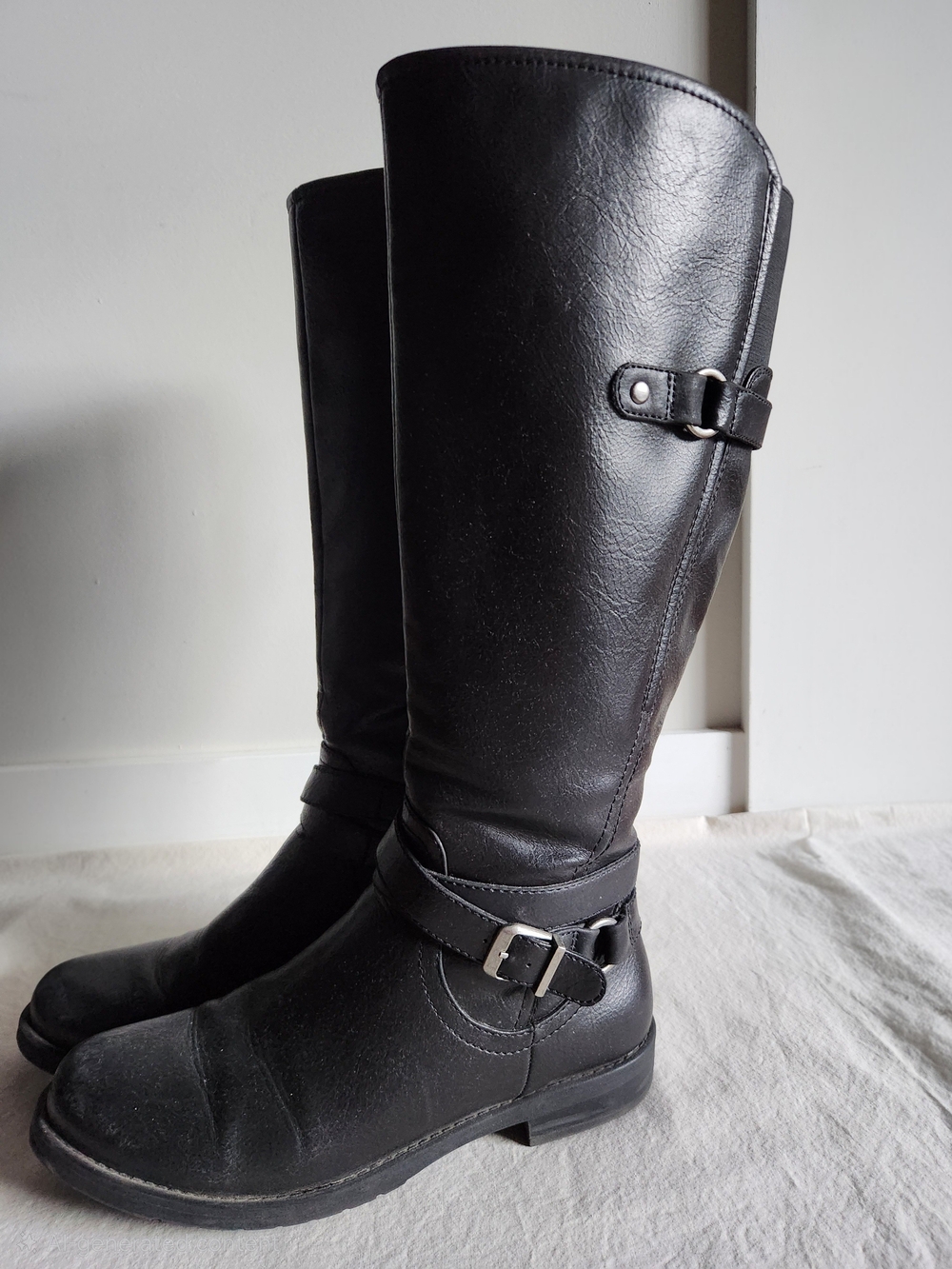 Black Knee-High Buckle Riding Boots/Moto Boots - Picture 2 of 11